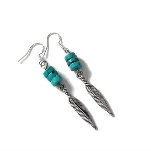 Sliver dipped feather and turquoise earrings